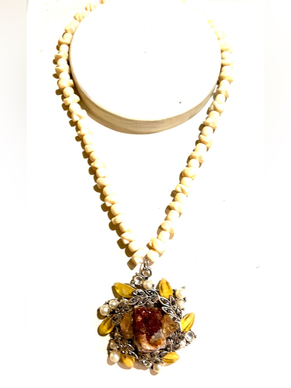 Handmade Cream Bead Necklace with Yellow Gemstone Pendant